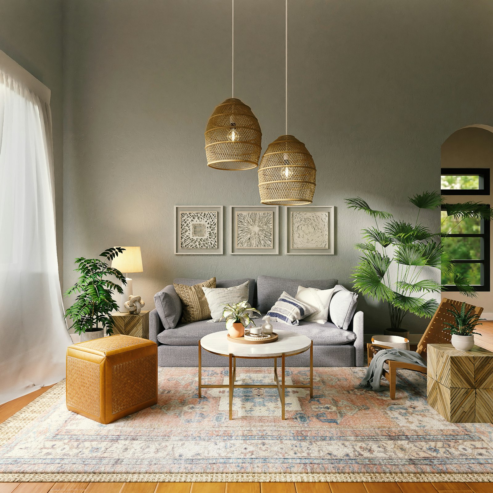 Designer home interior with curated floor samples and natural light